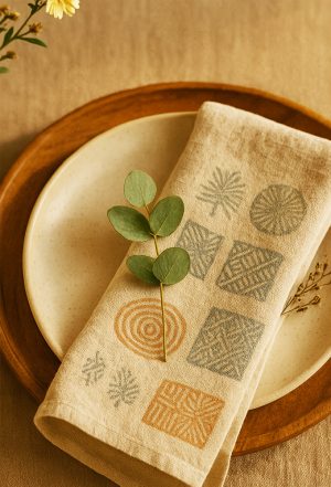 A natural linen towel with hand-printed geometric patterns in earthy tones, folded on a ceramic plate beside wooden utensils and dried botanicals — inspired by Zimbabwe’s rusero basket.